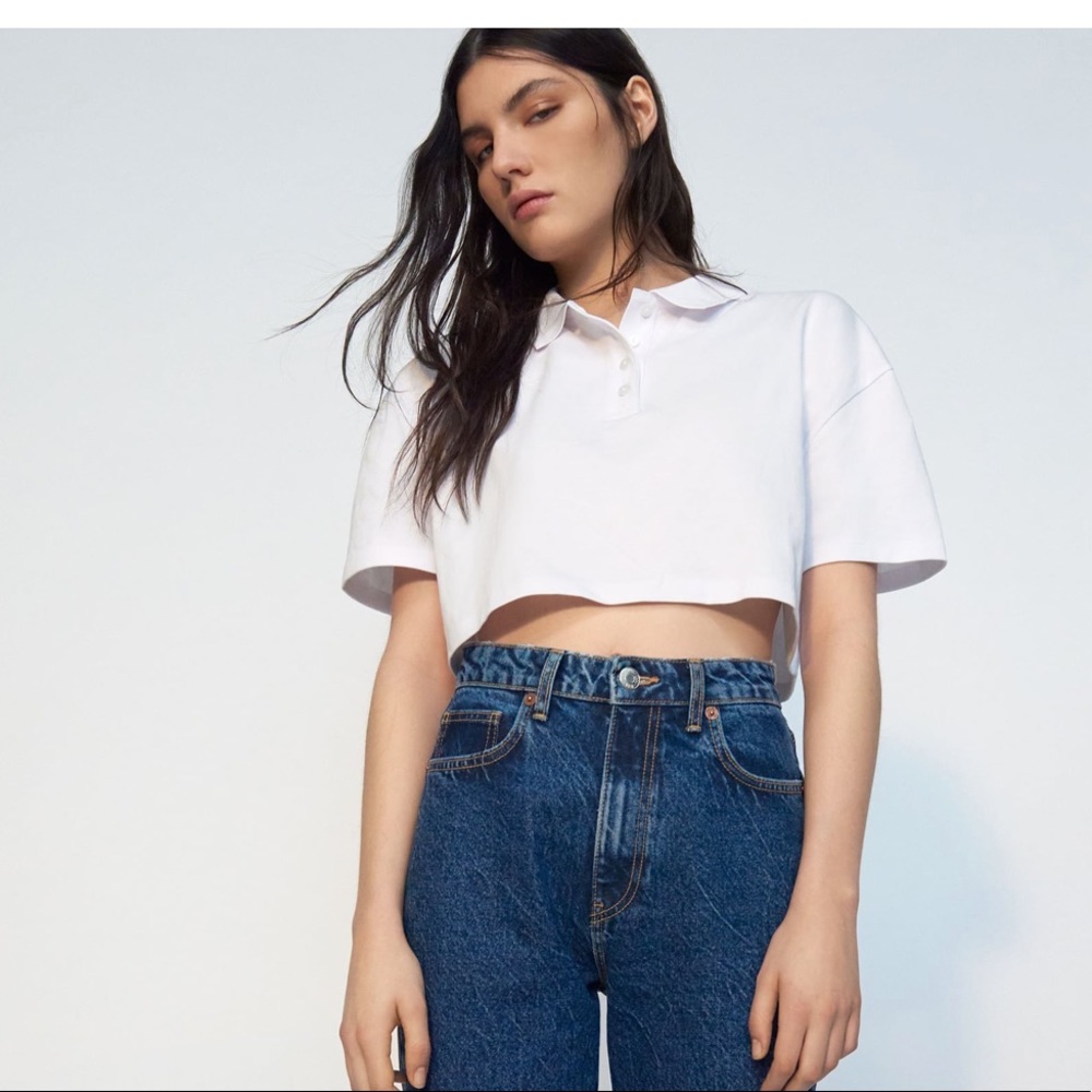 Zara cropped collared white tshirt / polo